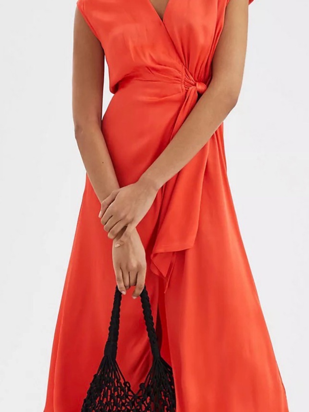 Knot-Detail Orange Wrap Midi Dress